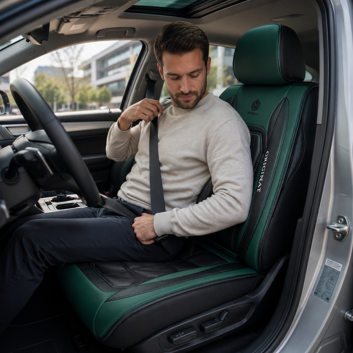 Estilo y confort: funda de asiento de coche universal en cuero PU verde oscuro, fácil instalación.