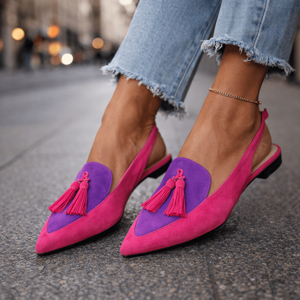 Calzado femenino elegante: mules bicolores cómodos con pompones, para un look chic de verano o casual.