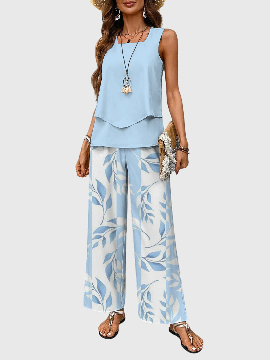 Conjunto de verano elegante para mujer, 2 piezas con estampado floral y cuello cuadrado. Estilo fresco y cómodo.