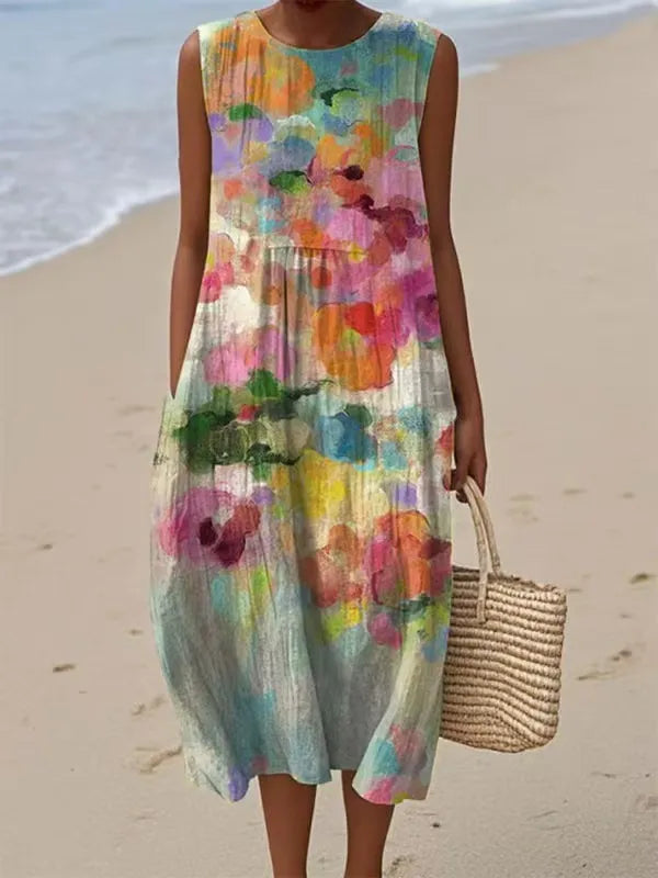 Elegante vestido midi sin mangas con estampado floral multicolor para mujer, perfecto para verano, casual y playa.