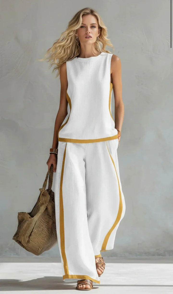 Outfit versátil de dos piezas, chaleco y pantalón de lino, ideal para ropa casual o elegante de mujer.