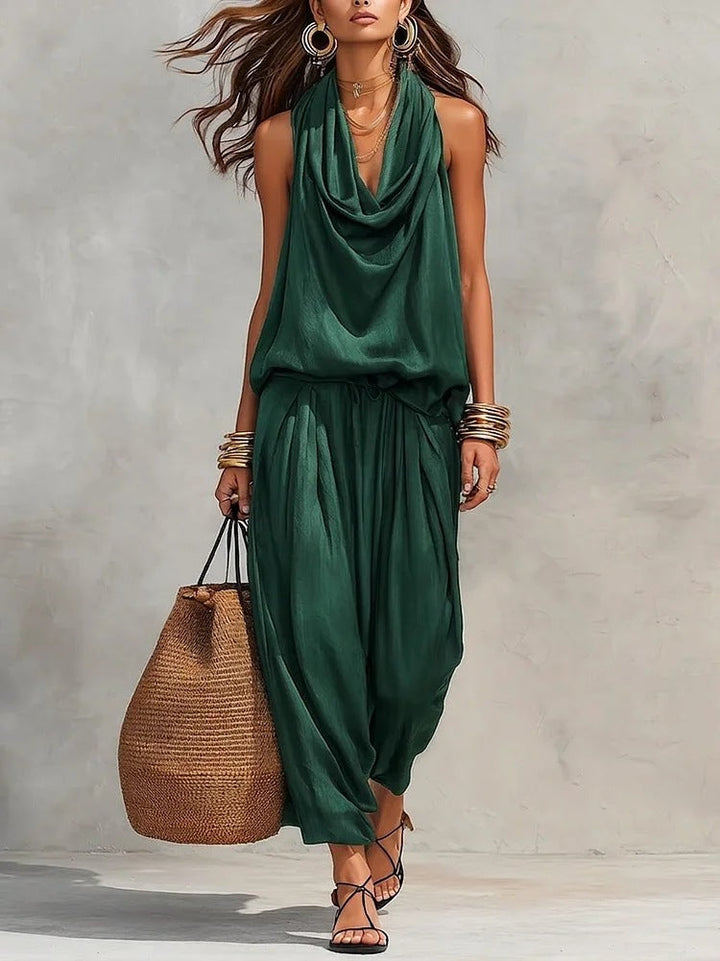 Conjunto de fiesta de verano para mujer, top drapeado fluido y pantalón amplio, look elegante y moderno.