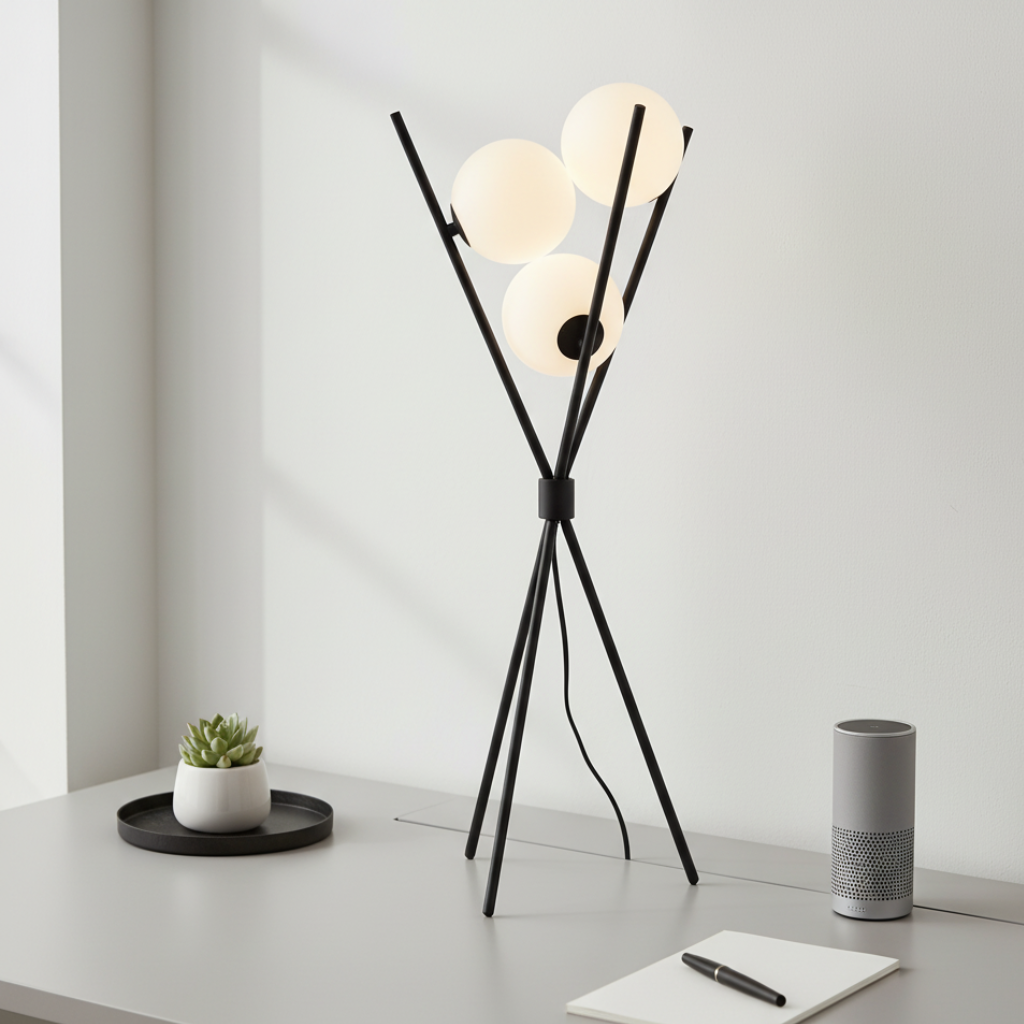 Lámpara LED regulable de mesa/suelo, diseño luna. Iluminación cálida, moderna y minimalista. Ahorro energía.