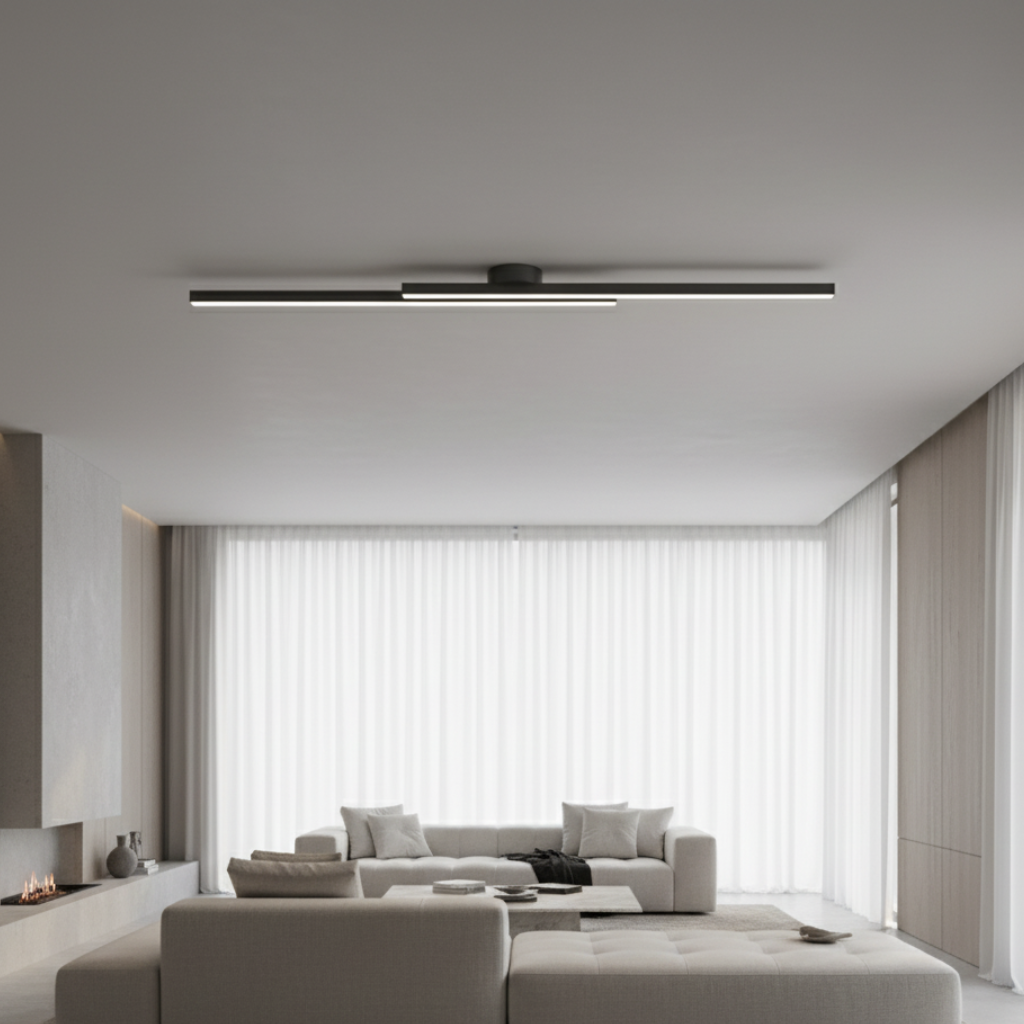 Luminaria de techo LED regulable. Diseño contemporáneo para salón, comedor. Iluminación interior.