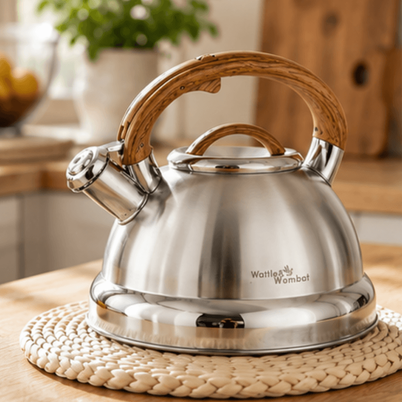 Hervidor premium de acero inoxidable para calentar agua, con mango ergonómico y silbato audible para cocina.