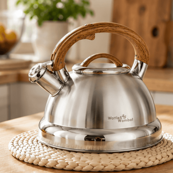 Hervidor premium de acero inoxidable para calentar agua, con mango ergonómico y silbato audible para cocina.