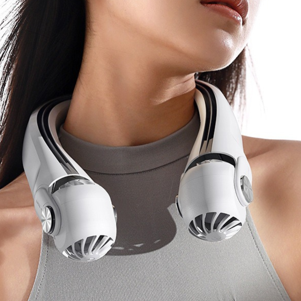 Ventilador de cuello portátil recargable, silencioso y sin aspas, para frescura y comodidad en el verano.