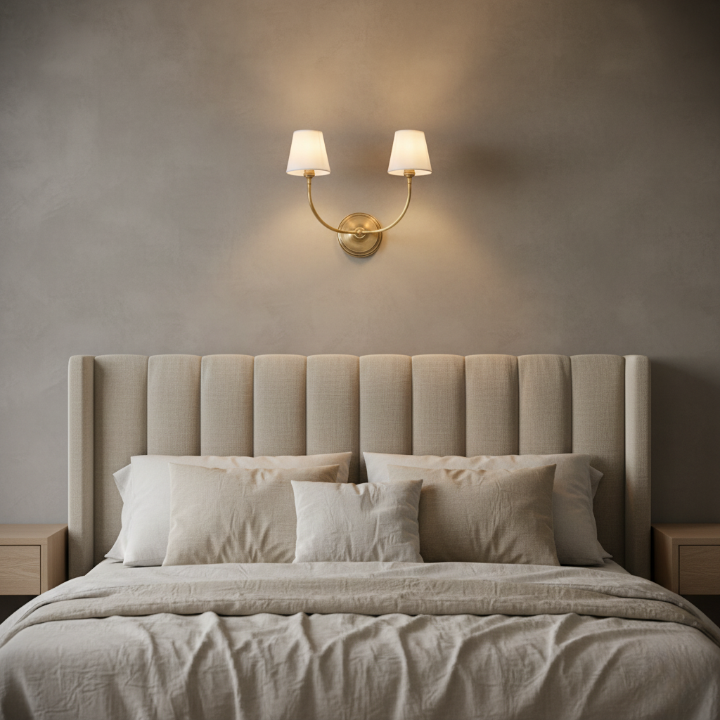 Aplique de pared doble de diseño elegante con brazos curvos, luz cálida y decoración interior moderna.