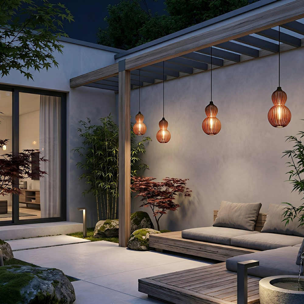 Lámpara tejida impermeable para patio, diseño que inspira, luz cálida para noches.