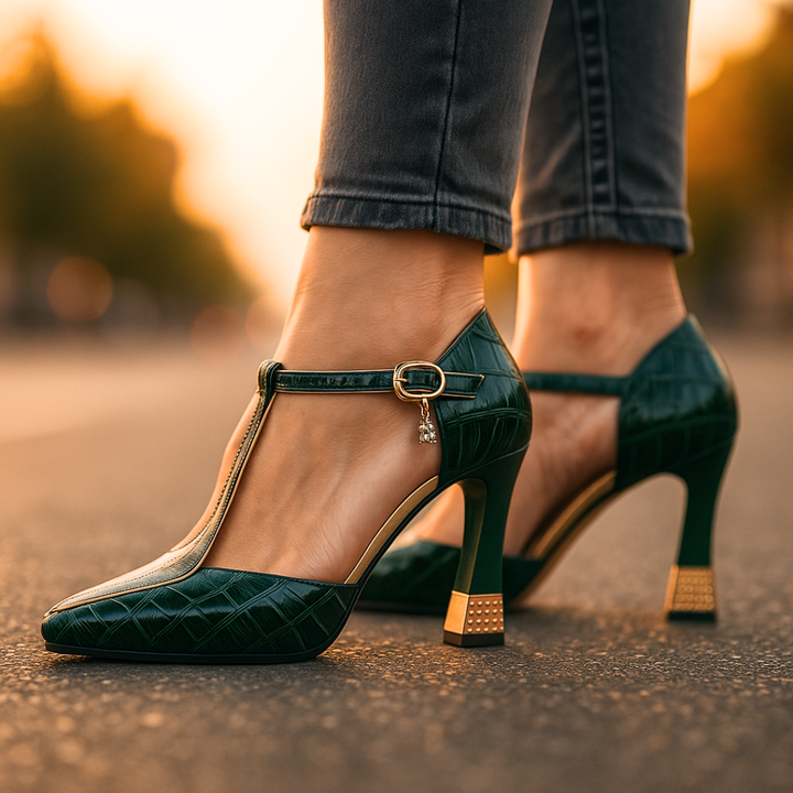 Tacones elegantes mujer, con tira en T y tacón bloque. Ideal para fiesta, eventos o calzado formal.