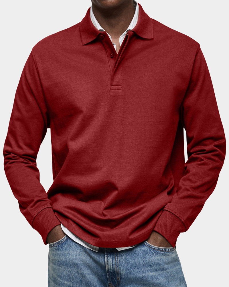 Polo de manga larga esencial para hombre. Diseño clásico de algodón que asegura comodidad y un estilo casual y duradero.