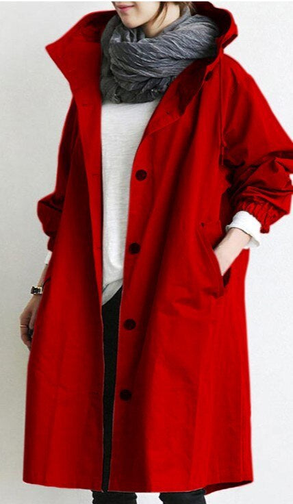 Ropa exterior impermeable para mujer. Gabardina larga con capucha y cuello alto, perfecta para la lluvia y moda.