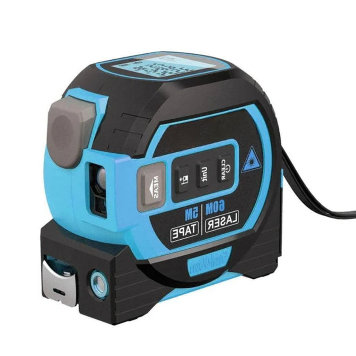 Cinta métrica digital de precisión con medidor láser infrarrojo. Ideal para proyectos de medición.