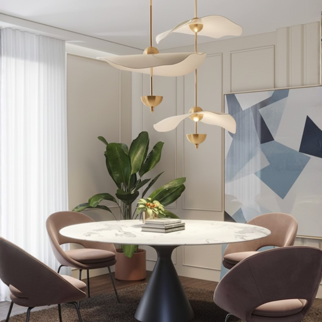 Lámpara colgante LED Lotus para sala, diseño ajustable que crea un ambiente acogedor.