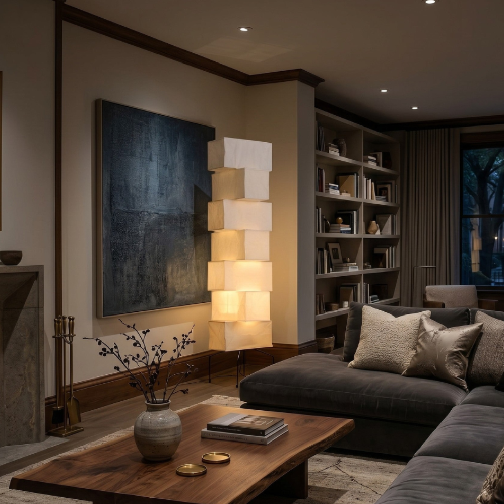 Decoración hogar: Lámpara de pie estilo japonés, luz cálida y acogedora para el salón.