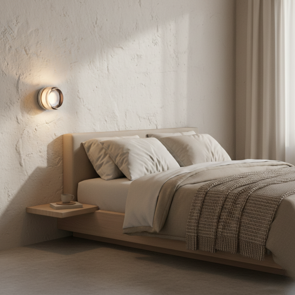 Luz LED difusa y cálida de aplique de pared moderno, creando un ambiente acogedor y relajante en interiores.