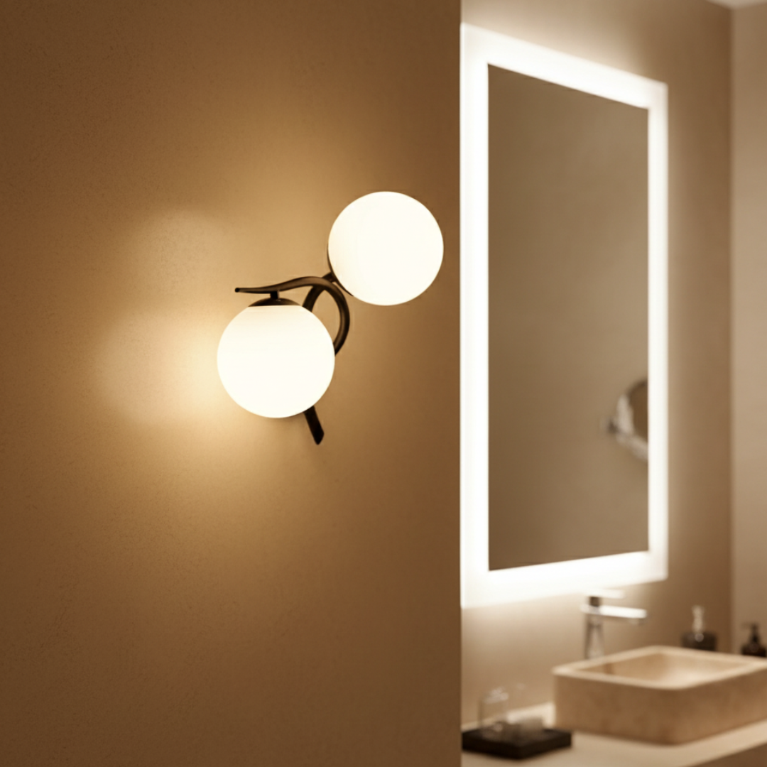 Aplique de pared elegante con esferas de vidrio, iluminación moderna para cualquier habitación interior.