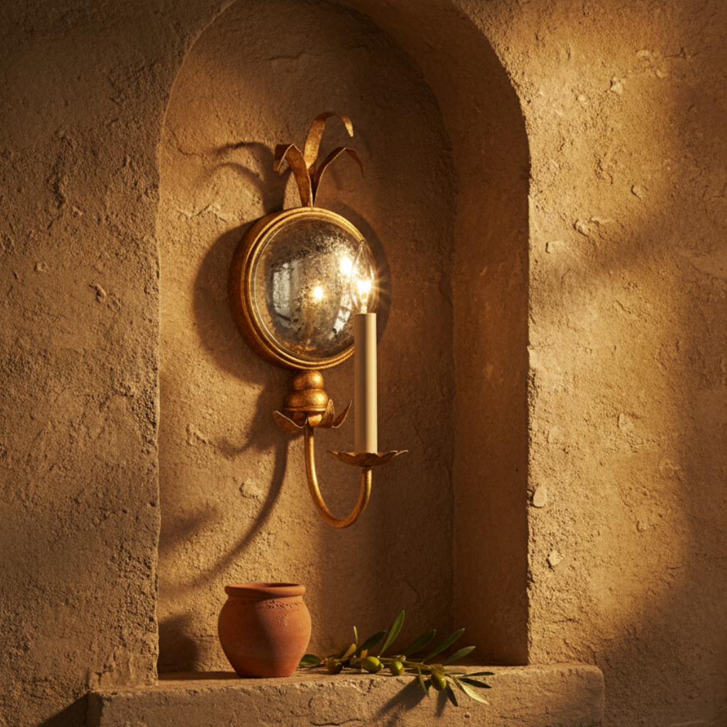 Aplique de pared vintage con acabado latón antiguo. Espejo y luces vela para un ambiente interior cálido.