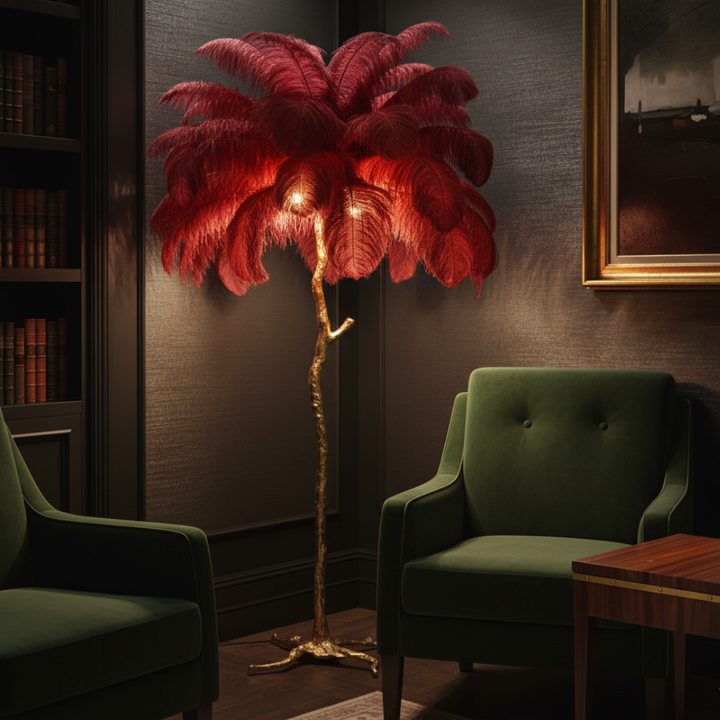 Iluminación decorativa: Lámpara de pie con pantalla de plumas y soporte trípode metálico.
