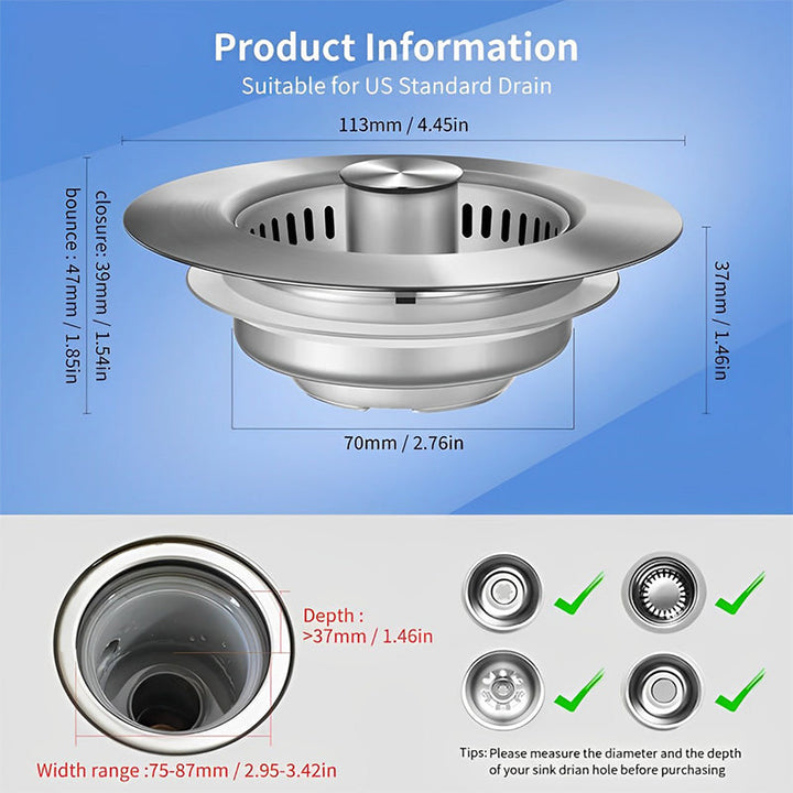 Colador de fregadero de cocina anti-obstrucción, acero inoxidable, fácil limpieza.