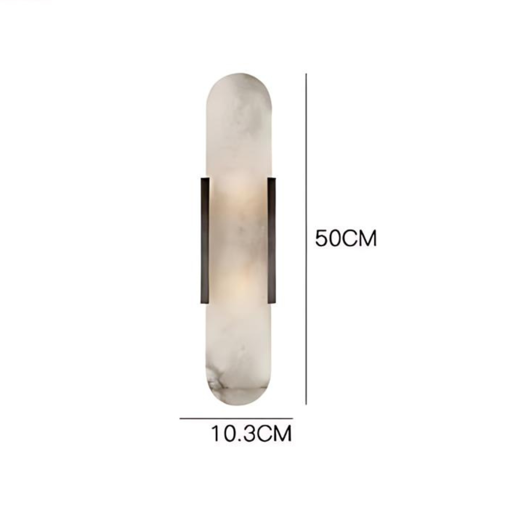 Aplique de pared de diseño nórdico con base de mármol pulido y pantalla metálica ajustable.