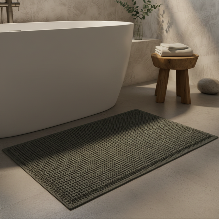 Alfombrilla de baño waffle, antideslizante y super absorbente, con borlas de diseño. Confort.