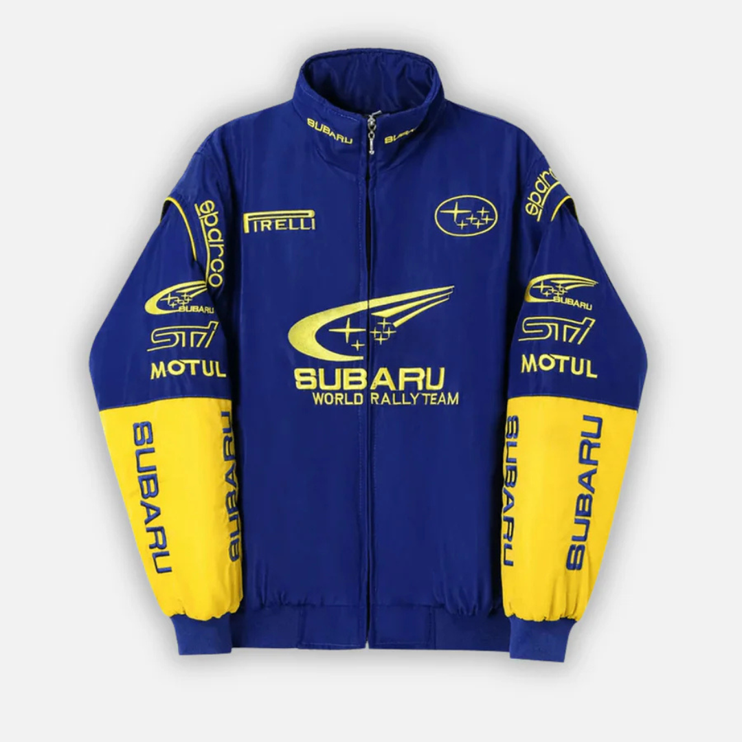 Chaqueta de carreras vintage azul unisex estilo rally retro. Ideal para moda casual y entusiastas del automovilismo.