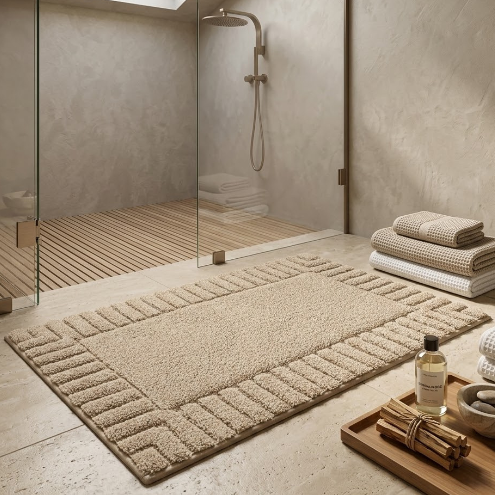 Alfombrilla de baño con raya minimalista, secado rápido, antideslizante, microfibra suave para confort.