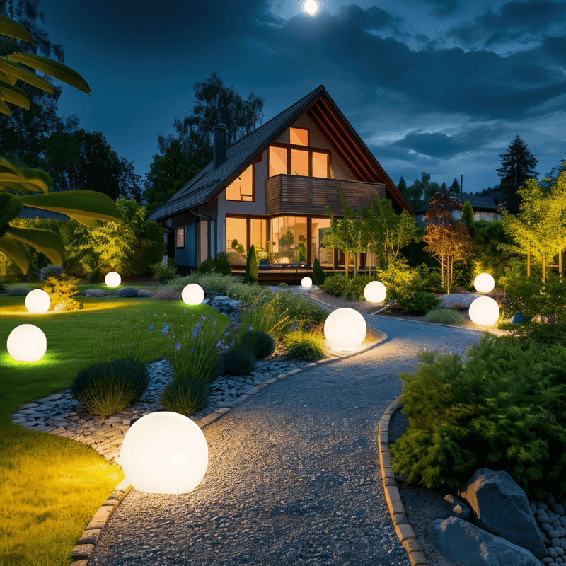 Lámpara solar esférica LED creando un ambiente mágico en terraza o patio. Iluminación exterior.