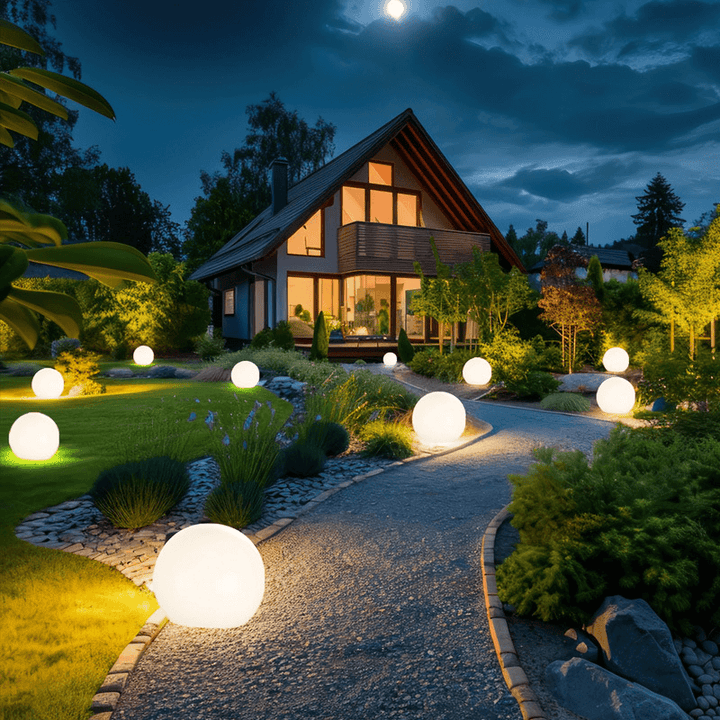Lámpara solar esférica LED creando un ambiente mágico en terraza o patio. Iluminación exterior.