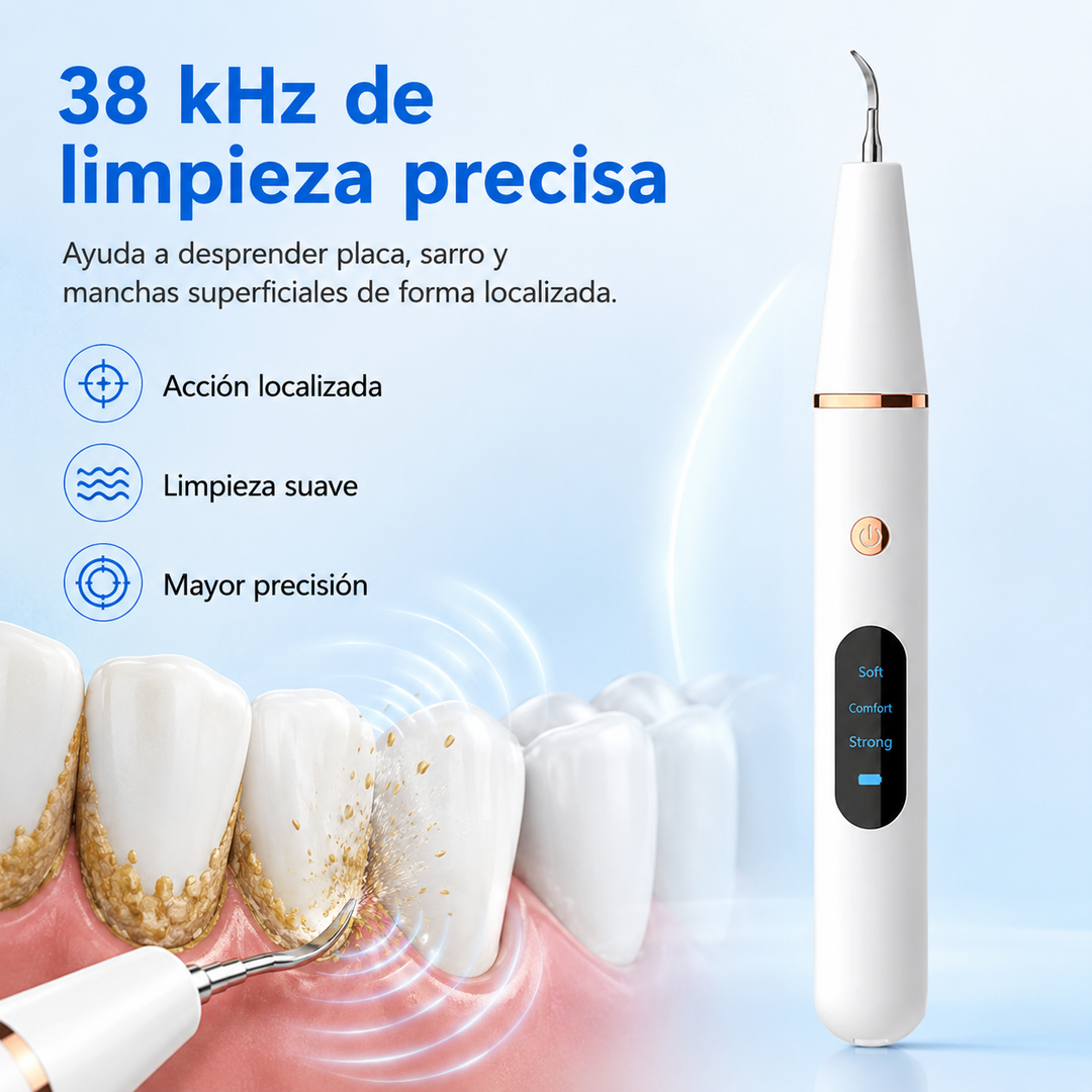 Limpiador dental ultrasónico para uso doméstico. Elimina sarro fácilmente para una sonrisa más blanca.
