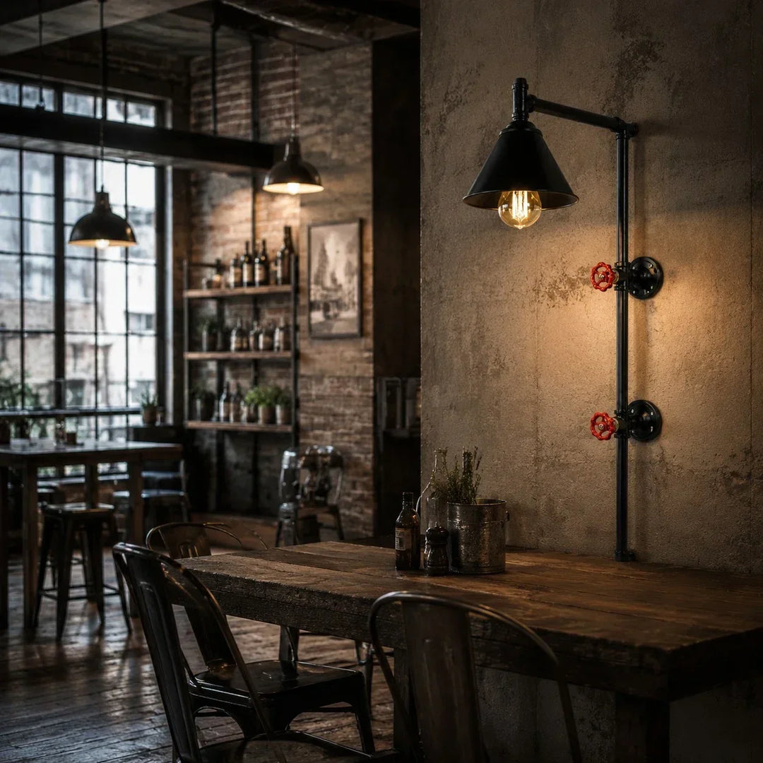 Lámpara industrial vintage, aplique de pared con válvula roja, perfecta para crear ambiente rústico.