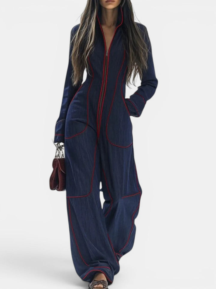 Enterizo de manga larga y pierna ancha para mujer, cuello alto. Moda femenina cómoda y chic.
