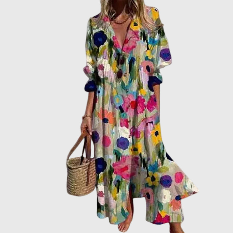 Vestido largo bohemio fluido para mujer, estampado casual elegante, perfecto para moda de verano.