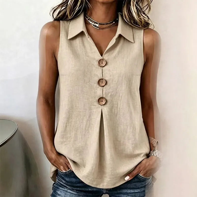 Blusa de vacaciones para mujer, sin mangas y cuello solapa. Fresca, elegante y ligera.