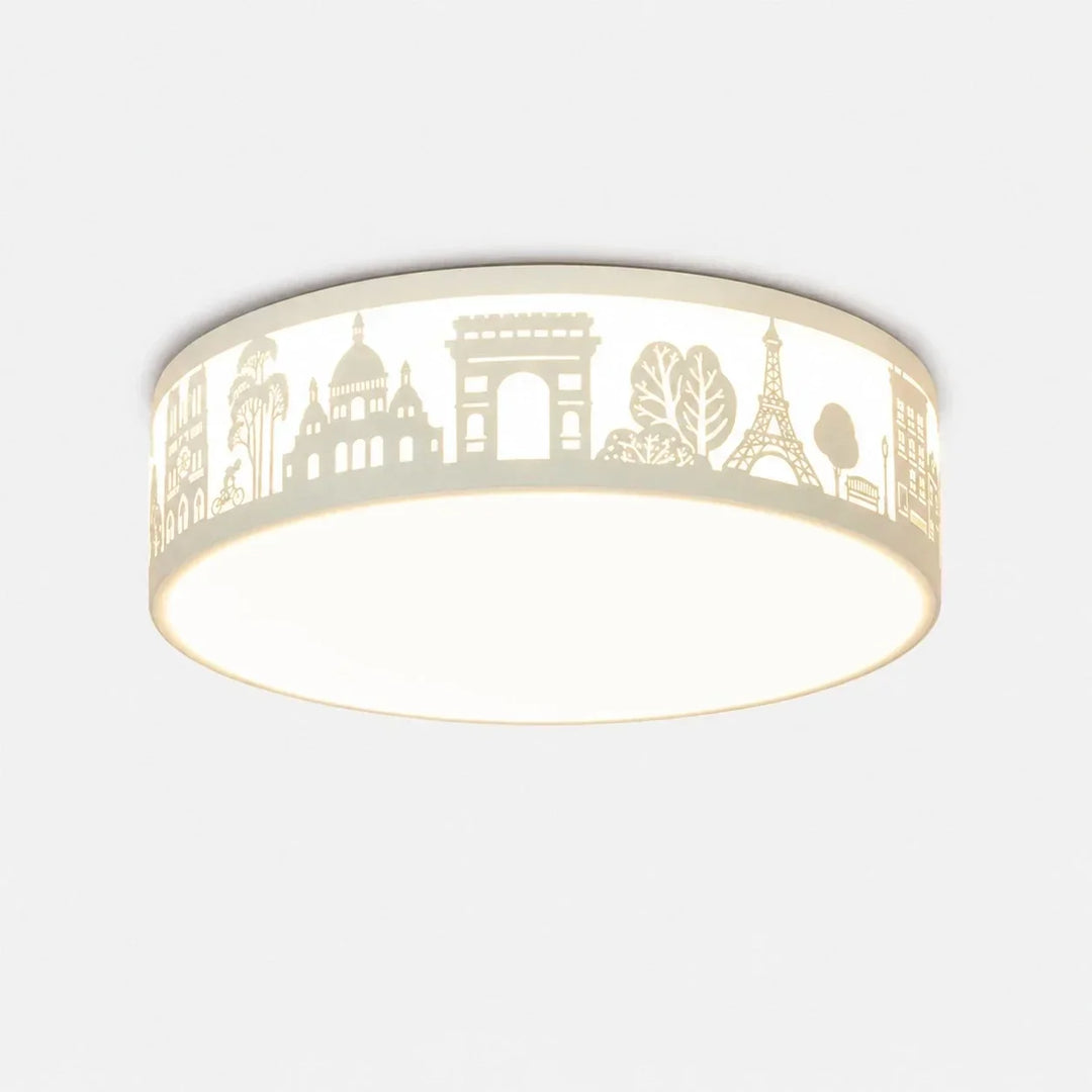 Lámpara de techo LED verde con siluetas decorativas, realza la estética de la habitación.