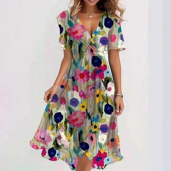 Vestido elegante para mujer, corte midi y estampado fluido. Perfecto como invitada de boda, graduación o comunión.