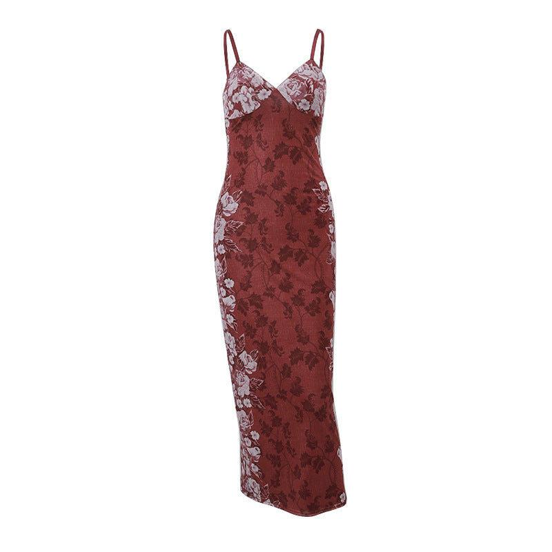 Vestido floral rojo vibrante para mujer, largo, con tirantes y cuello V. Estilo Y2K para verano.