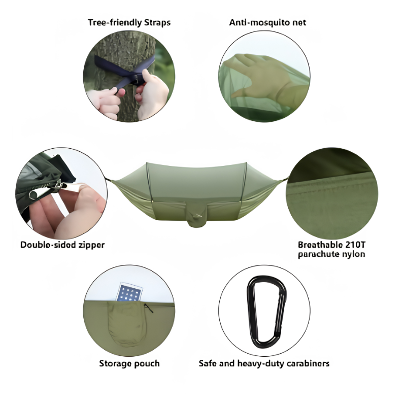 Hamaca de camping plegada en su bolsa, mostrando portabilidad para tu viaje y aventura al aire libre.