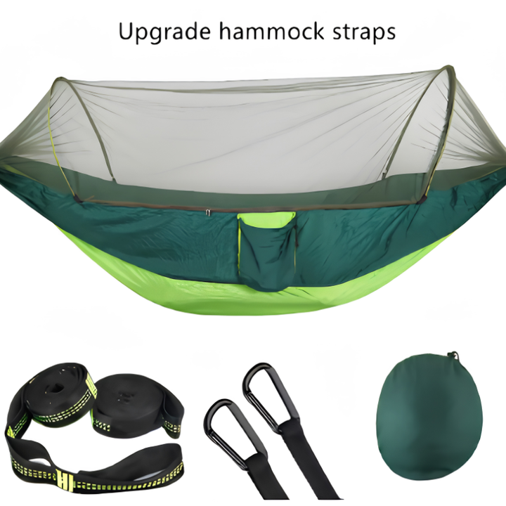 Hamaca portátil con mosquitero para camping y exterior. La aventura te espera, libre de insectos.