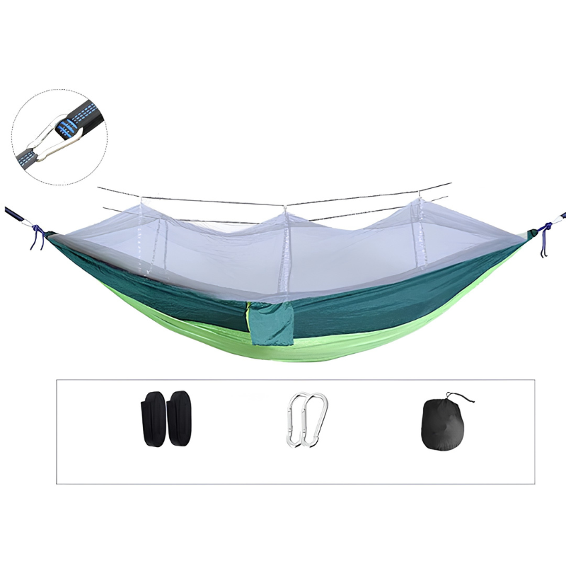 Hamaca resistente para exterior, equipada con mosquitero, garantizando un descanso óptimo en tu aventura.