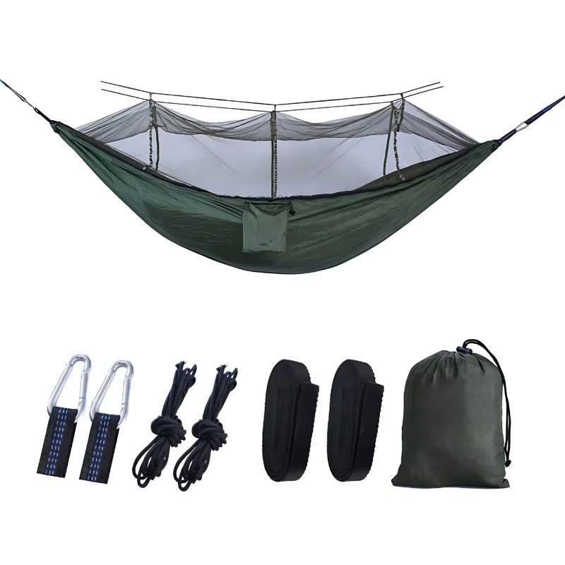 Hamaca antimosquitos para camping, perfecta para disfrutar la tranquilidad del exterior sin interrupciones.