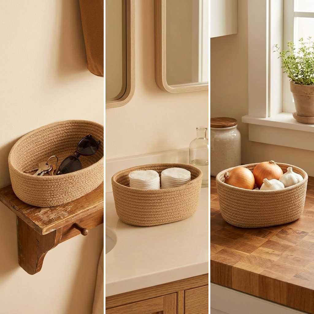 Cesta colgante estilo boho de algodón con 3 cestas para organizar el hogar y la decoración.