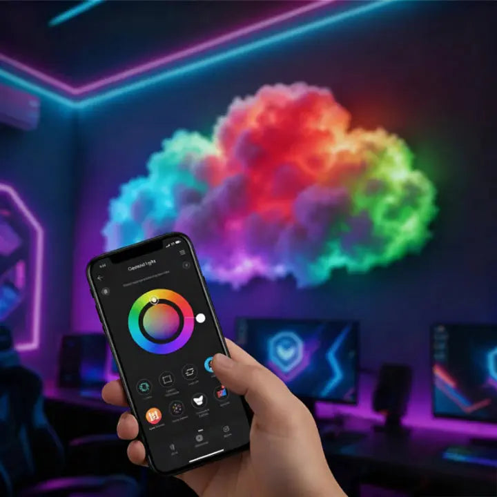 Luz LED de nube mágica RGB con control por app. Eficiente energía para decoración interior y ambiente moderno.