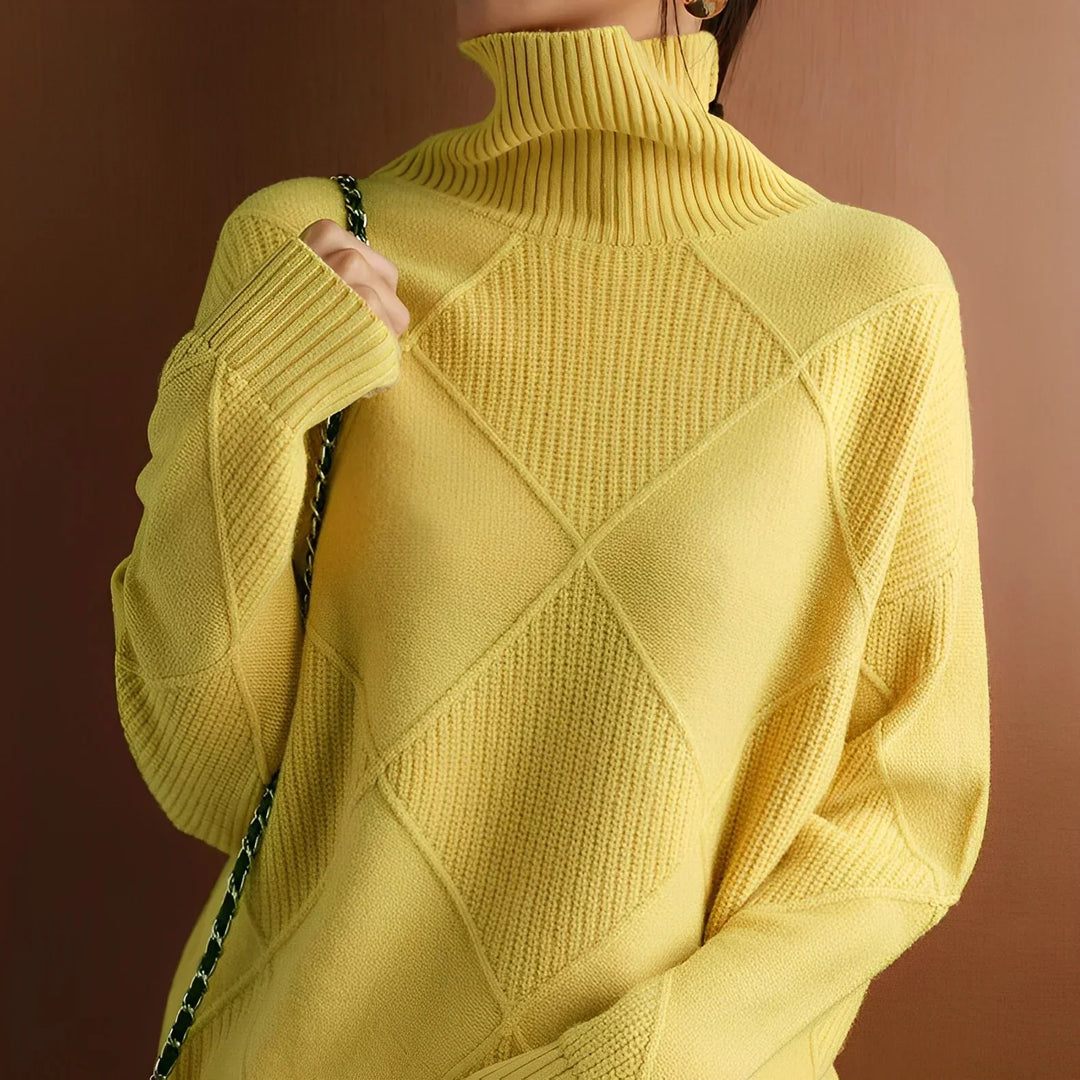 Suéter de punto estructurado para mujer, cuello alto, elegante y cálido para otoño.
