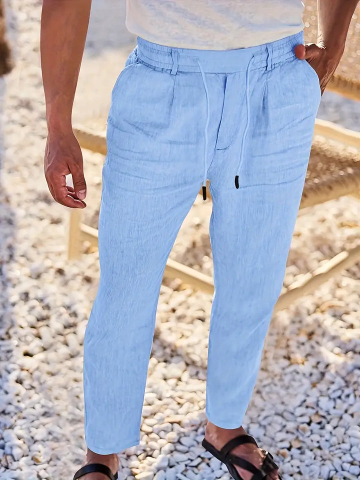 Moda masculina: pantalones largos de lino con cordón ajustable para máxima comodidad y estilo.