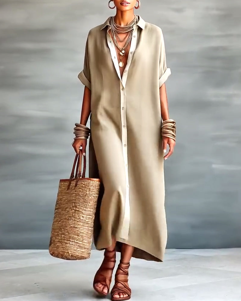 Vestido camisa elegante para mujer, corte fluido y cuello notch, ideal para primavera y verano, moda cómoda.