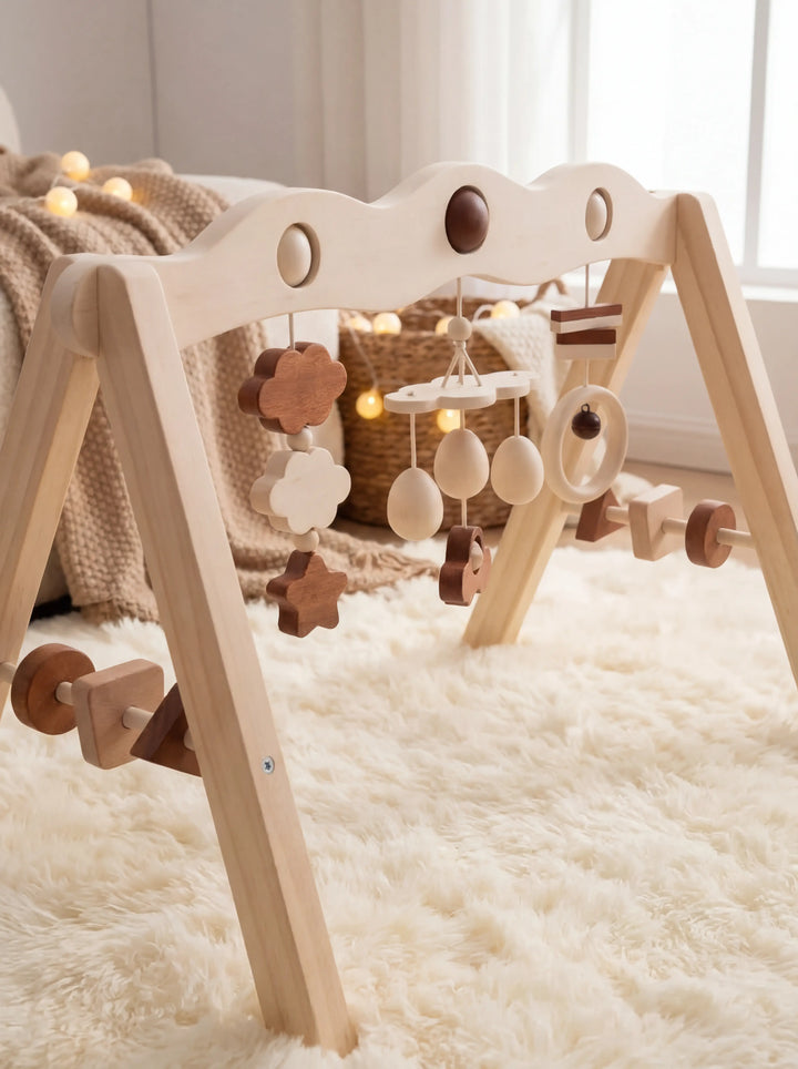 Arco de actividades de madera natural, diseño moderno y seguro para la estimulación temprana de bebés.