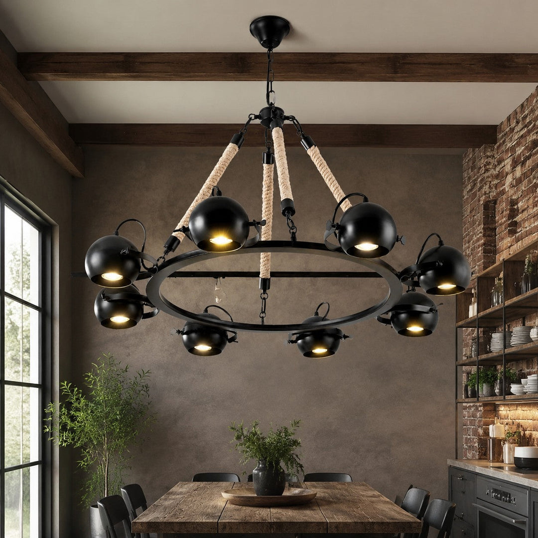 Candelabro industrial de metal negro y cuerda. Iluminación colgante para cocinas, bares, restaurantes.