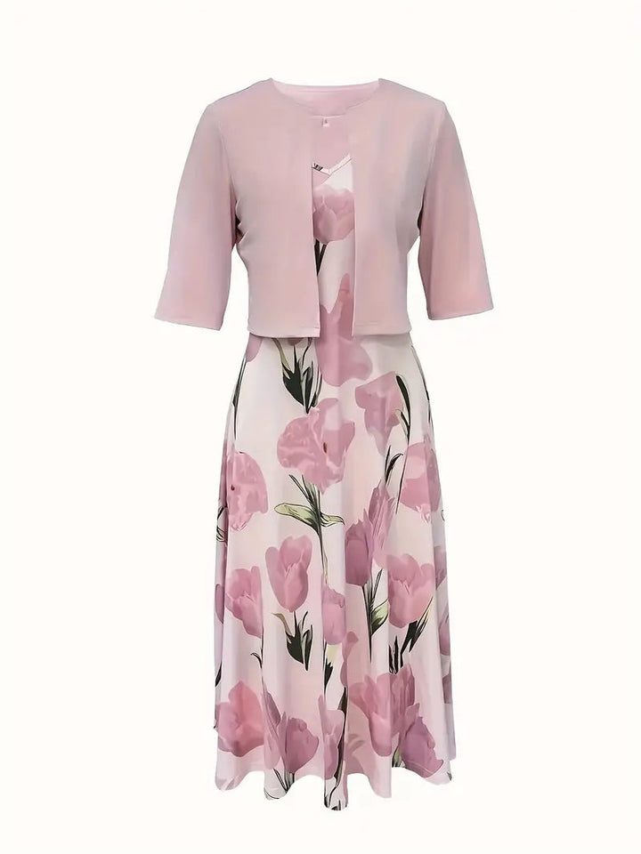Vestido maxi floral con chaqueta a juego, atuendo femenino y romántico para eventos de día o noche.